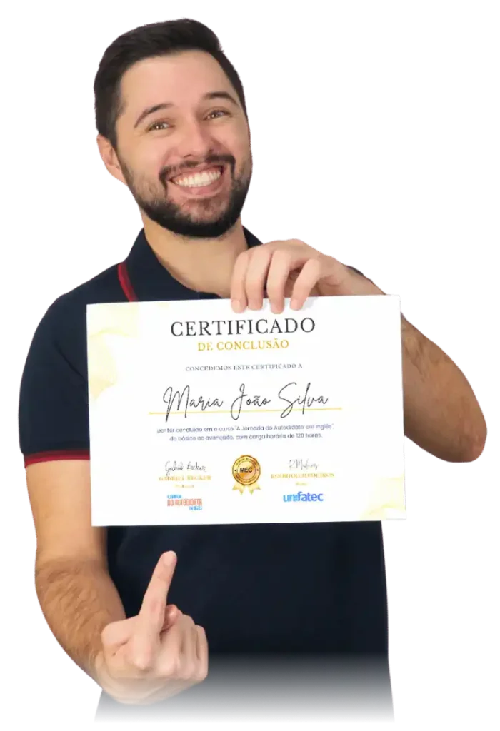 Gabriel Becker mostrando o certificado do seu curso A Jornada do Autodidata em Inglês.