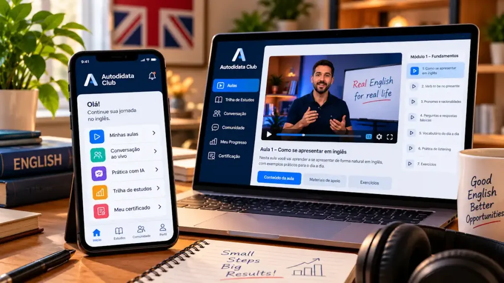Smartphone exibindo o aplicativo Autodidata Club ao lado de um notebook com uma aula de inglês