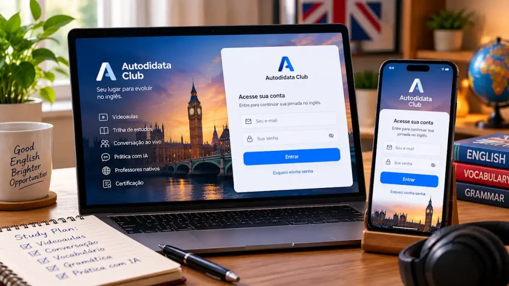 Tela de login do Autodidata Club com campos de e-mail, senha e opção de recuperação de acesso