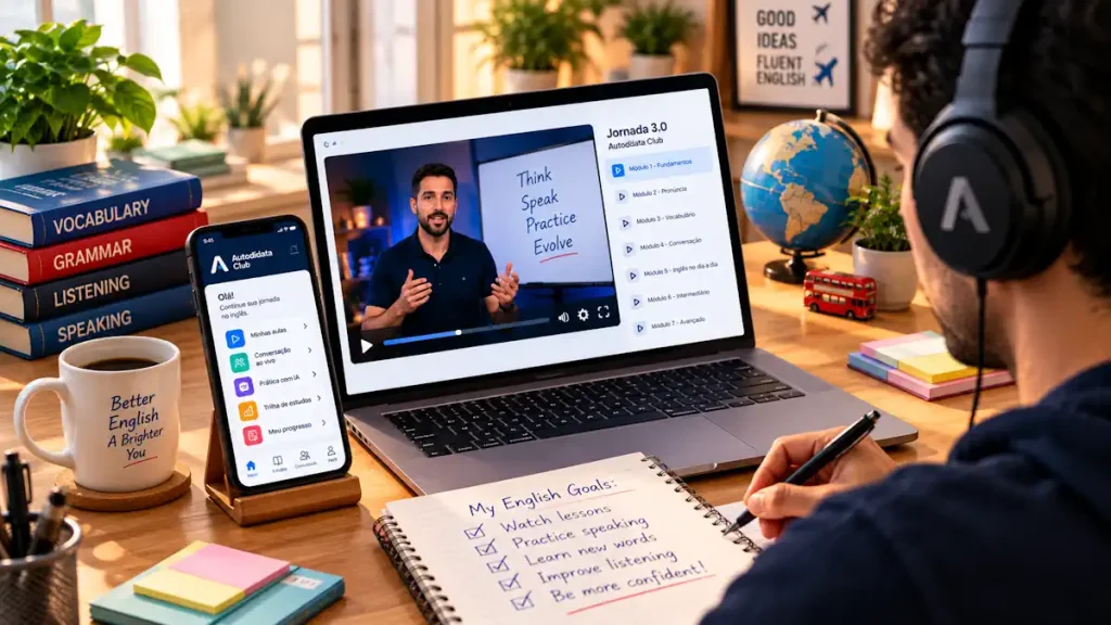 Pessoa estudando inglês em casa com notebook, celular, caderno e fones de ouvido, representando uma rotina de estudos autodidata