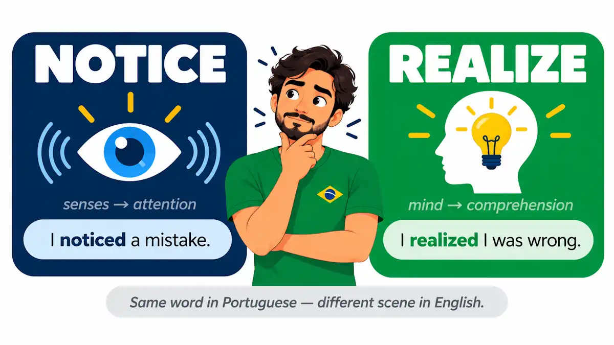 Ilustração flat de um jovem autodidata entre dois cartões contrastantes: o azul escuro com "NOTICE" e um olho com ondas de radar representando percepção sensorial, e o verde com "REALIZE" e uma silhueta de cabeça com lâmpada acesa representando compreensão mental súbita, com a nota "Same word in Portuguese — different scene in English" entre os dois, ilustrando a diferença real entre notice e realize em inglês.