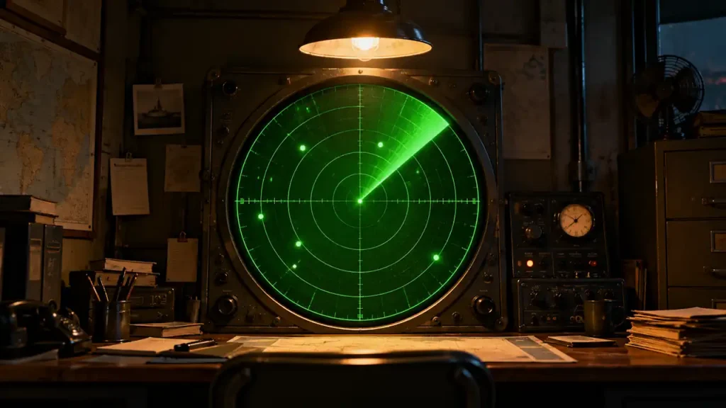 Um antigo radar sob uma lâmpada numa sala escura.