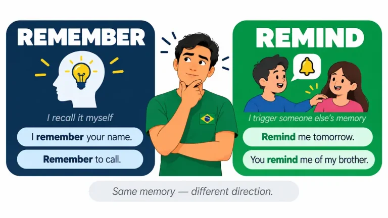 Ilustração flat de um jovem autodidata entre dois cartões contrastantes: o azul escuro com "REMEMBER" e uma silhueta de cabeça com lâmpada interna representando lembrança própria, e o verde com "REMIND" e uma pessoa tocando o ombro de outra com um sino de notificação representando acionar a memória de alguém, com a nota "Same memory — different direction" entre os dois, ilustrando a diferença real entre remember e remind em inglês.