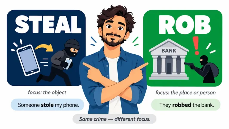 Ilustração flat de um jovem autodidata entre dois cartões contrastantes: o azul escuro com "STEAL" e um celular sendo levado por uma silhueta representando foco no objeto roubado, e o verde com "ROB" e um banco ou pessoa com ponto de exclamação representando foco no local ou pessoa assaltada, com a nota "Same crime — different focus" entre os dois, ilustrando a diferença real entre steal e rob em inglês.