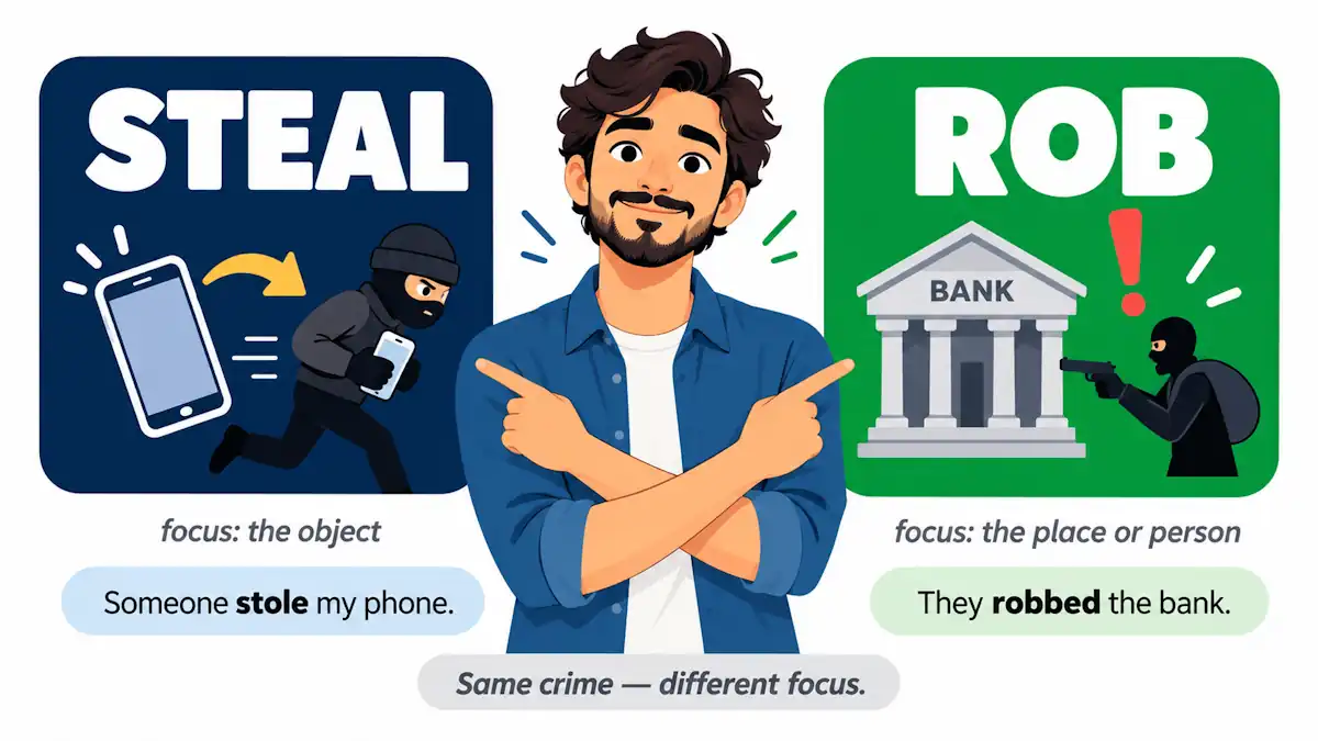 Ilustração flat de um jovem autodidata entre dois cartões contrastantes: o azul escuro com "STEAL" e um celular sendo levado por uma silhueta representando foco no objeto roubado, e o verde com "ROB" e um banco ou pessoa com ponto de exclamação representando foco no local ou pessoa assaltada, com a nota "Same crime — different focus" entre os dois, ilustrando a diferença real entre steal e rob em inglês.